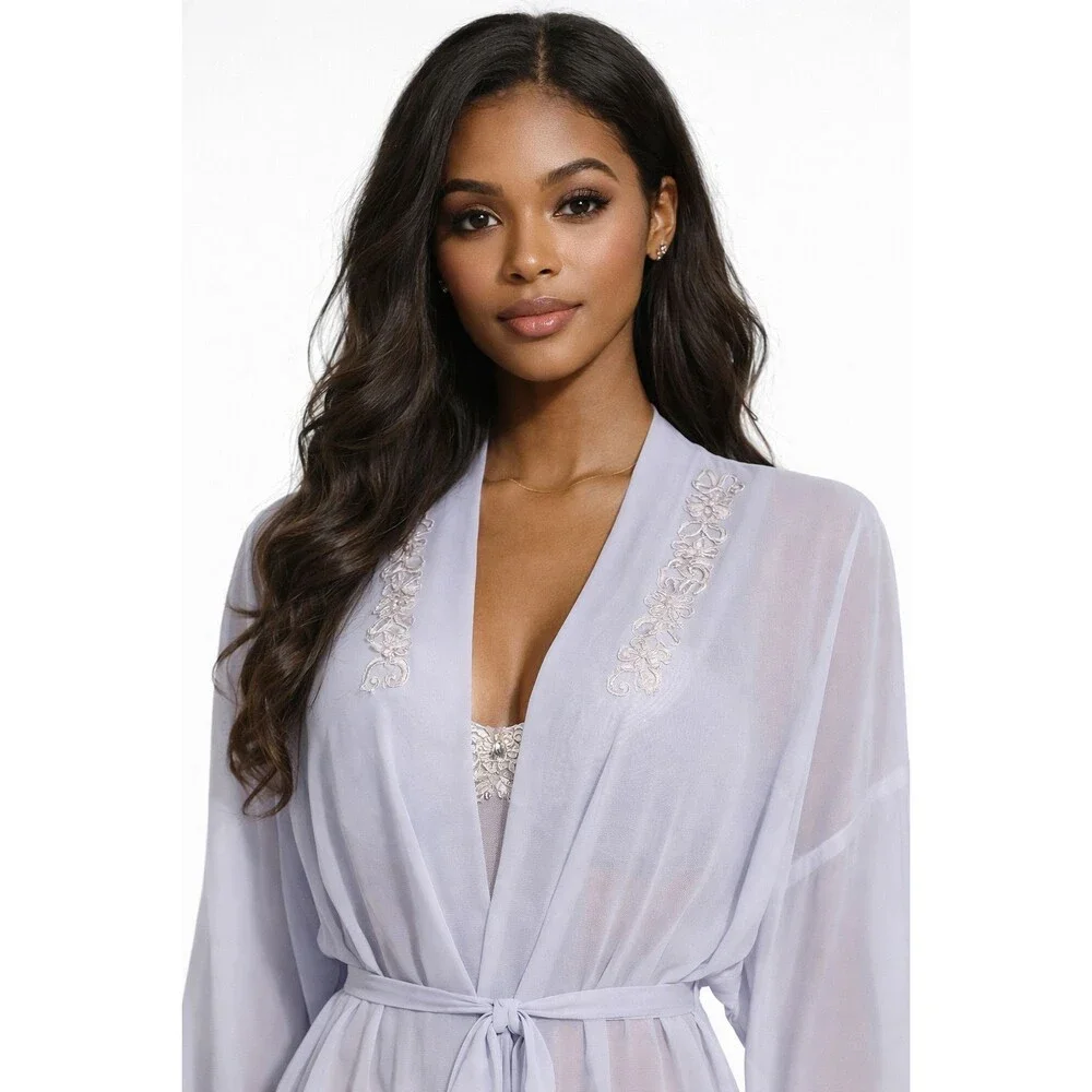 Expressions 2-Piece Lavender Cami Robe Sheer Sequin Collar Nighty Size Medium